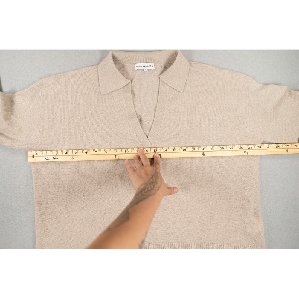 White + Warren Womens Cashmere Oversized V-Neck Polo Sweater Beige Large - Picture 6 of 7